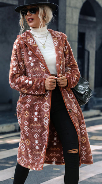 Geometric Button Down Hooded Fleece Coat