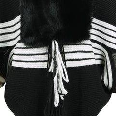 Striped Fringe Detail Long Sleeve Poncho