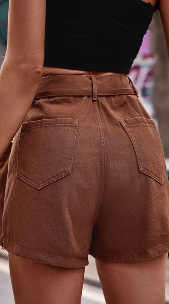 Belted Denim Shorts with Pockets