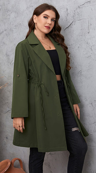 Plus Size Lapel Collar Roll-Tab Sleeve Trench Coat