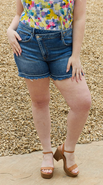 RISEN Maya Full Size Mid Rise Asymmetrical Shorts