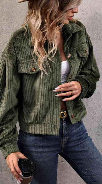 Collared Neck Button Front Jacket with Pockets