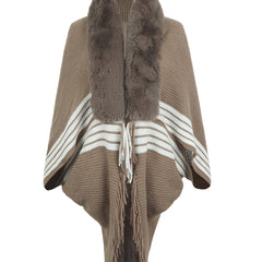 Striped Fringe Detail Long Sleeve Poncho