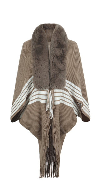 Striped Fringe Detail Long Sleeve Poncho