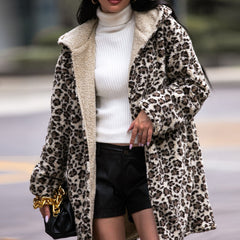 Leopard Hooded Coat with Pockets