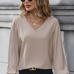 Pleated Lantern Sleeve V-Neck Blouse