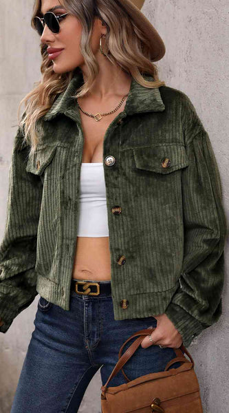 Collared Neck Button Front Jacket with Pockets