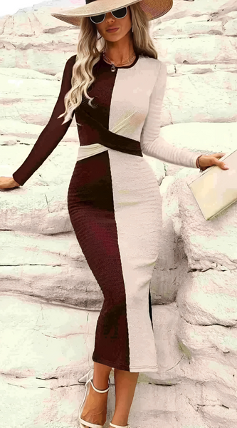 Two Tone Slit Round Neck Long Sleeve Midi Dress