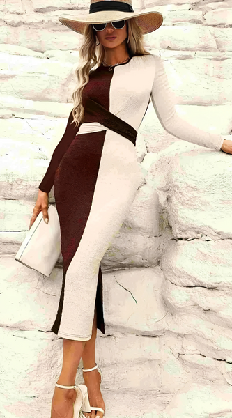 Two Tone Slit Round Neck Long Sleeve Midi Dress