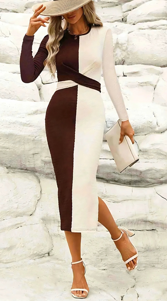 Two Tone Slit Round Neck Long Sleeve Midi Dress