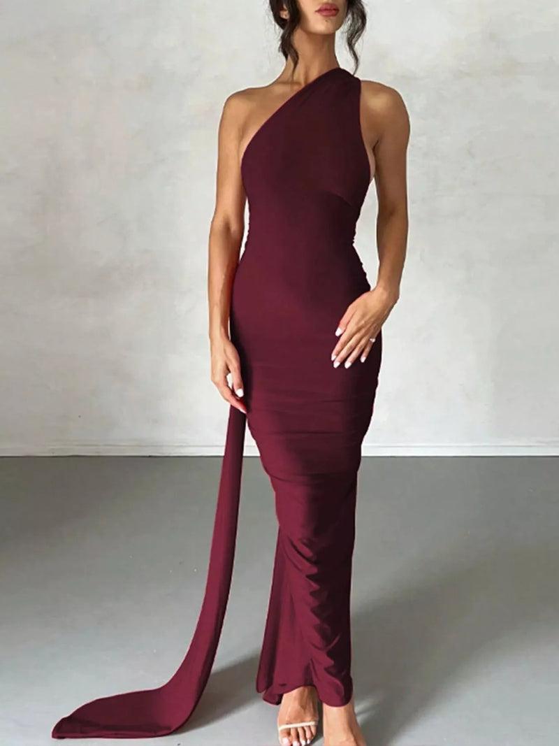 Backless One-Shoulder Ruched Bodycon Maxi Dress – Mayawyefashion