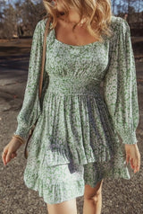 Ruffle Hem Floral Square Neck Long Sleeve Dress