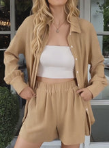 Button Up Long Sleeve Shirt and Shorts Set