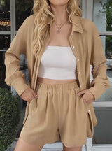 Button Up Long Sleeve Shirt and Shorts Set