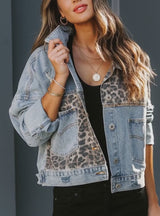 Distressed Leopard Drop Shoulder Denim Jacket