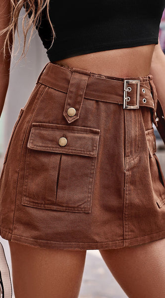 Belted Denim Shorts with Pockets