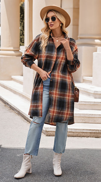Plaid Collared Neck Long Sleeve Coat