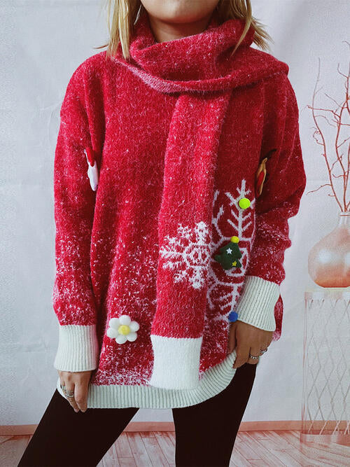 Christmas Element Round Neck Sweater and Scarf Set