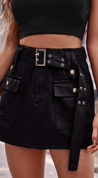 Belted Denim Shorts with Pockets