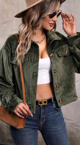 Collared Neck Button Front Jacket with Pockets
