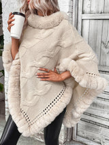 Faux Fur Trim Cable-Knit Poncho