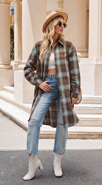 Plaid Collared Neck Long Sleeve Coat