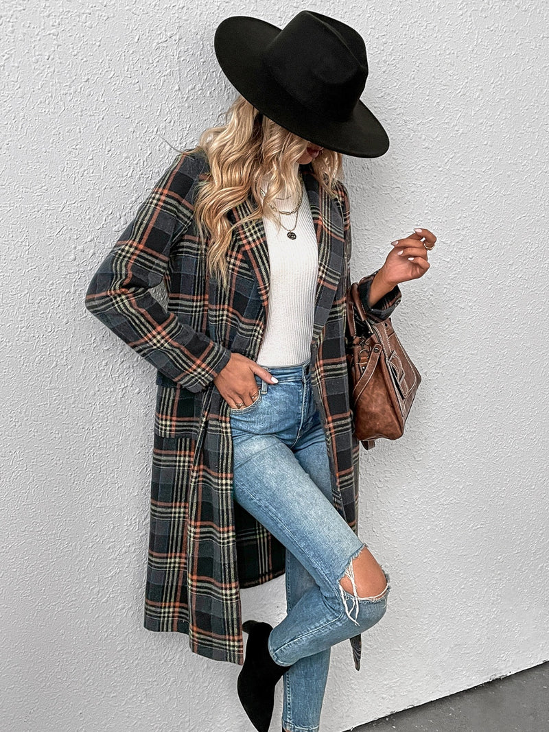 Plaid Lapel Collar Trench Coat