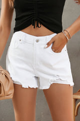 Frayed Hem Distressed Denim Shorts with Pockets