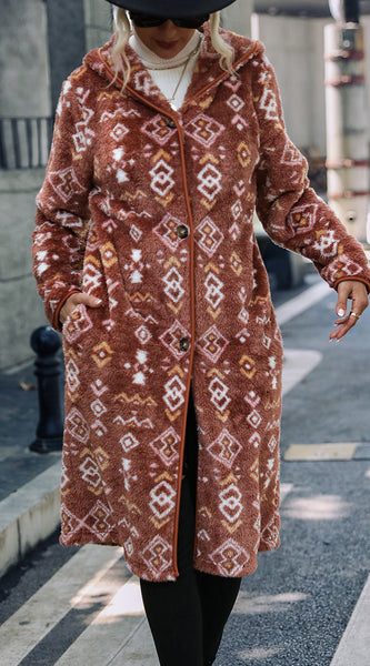Geometric Button Down Hooded Fleece Coat