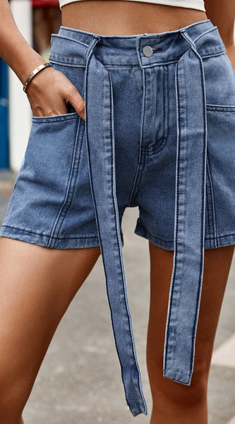 Tie Belt Denim Shorts with Pockets