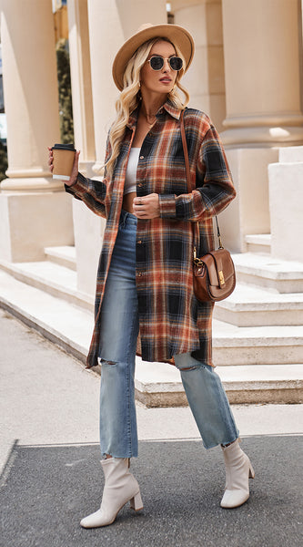 Plaid Collared Neck Long Sleeve Coat
