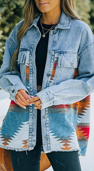 Collared Neck Dropped Shoulder Denim Jacket
