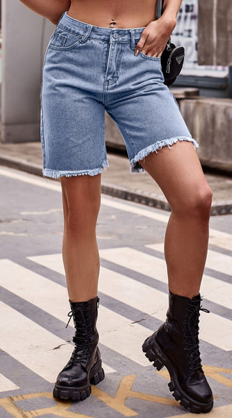 Raw Hem Denim Shorts with Pockets
