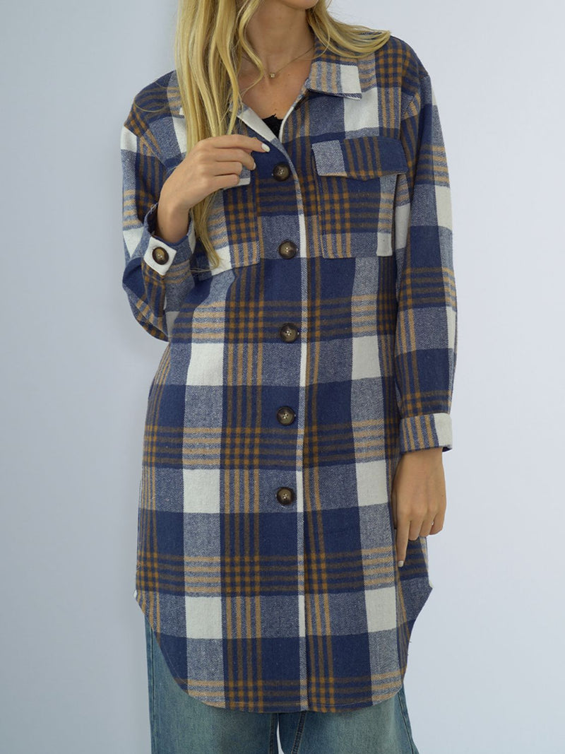 Plaid Collared Neck Long Sleeve Coat