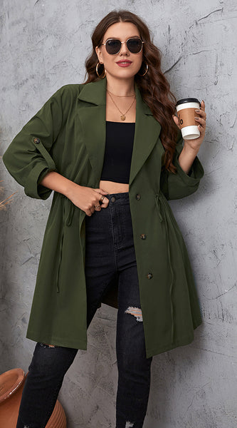 Plus Size Lapel Collar Roll-Tab Sleeve Trench Coat