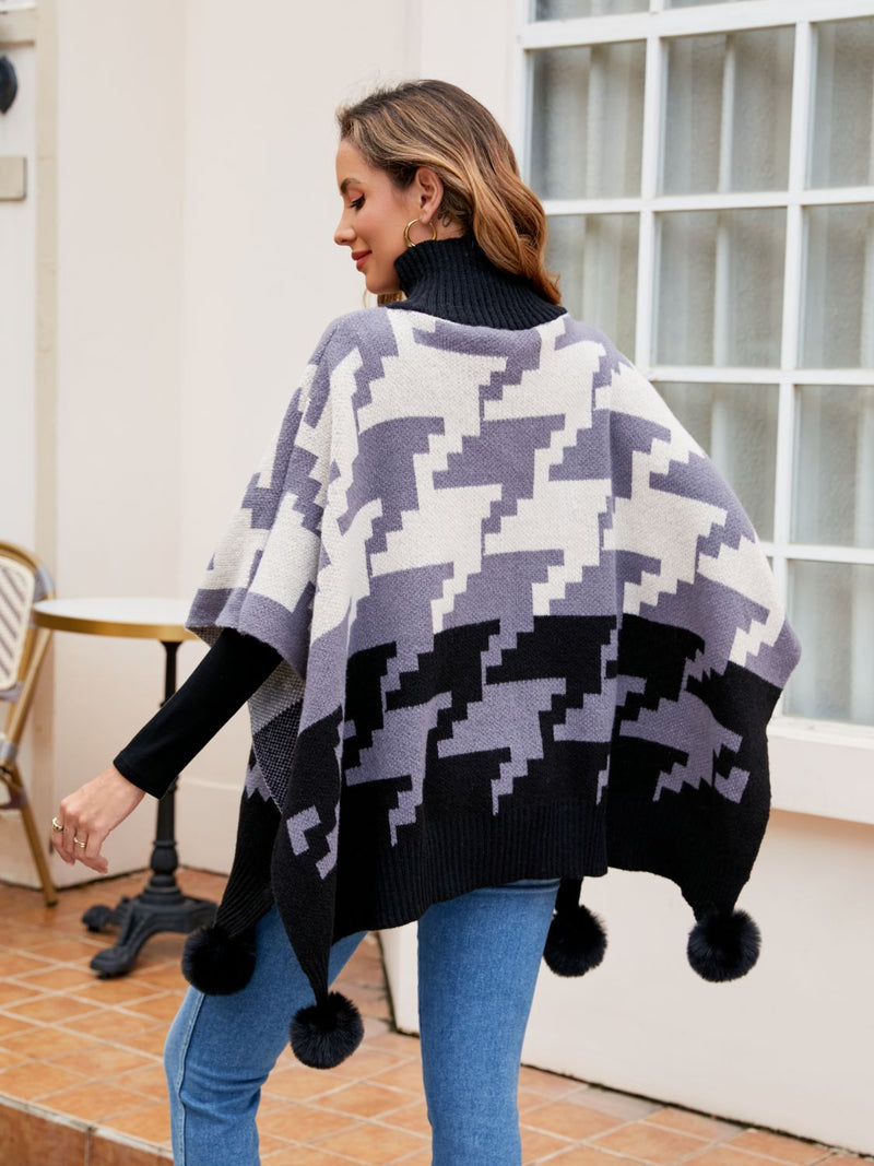 Turtleneck Pom-Pom Trim Poncho