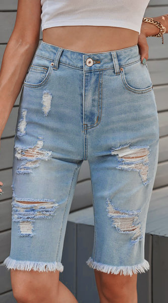 Distressed Raw Hem Denim Bermuda Shorts