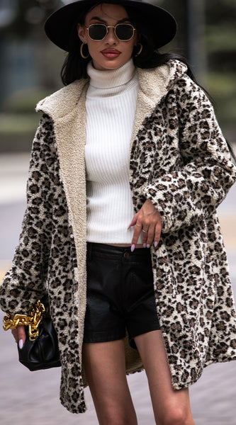 Leopard Hooded Coat with Pockets