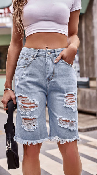 Raw Hem Distressed Denim Shorts with Pockets