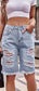 Raw Hem Distressed Denim Shorts with Pockets